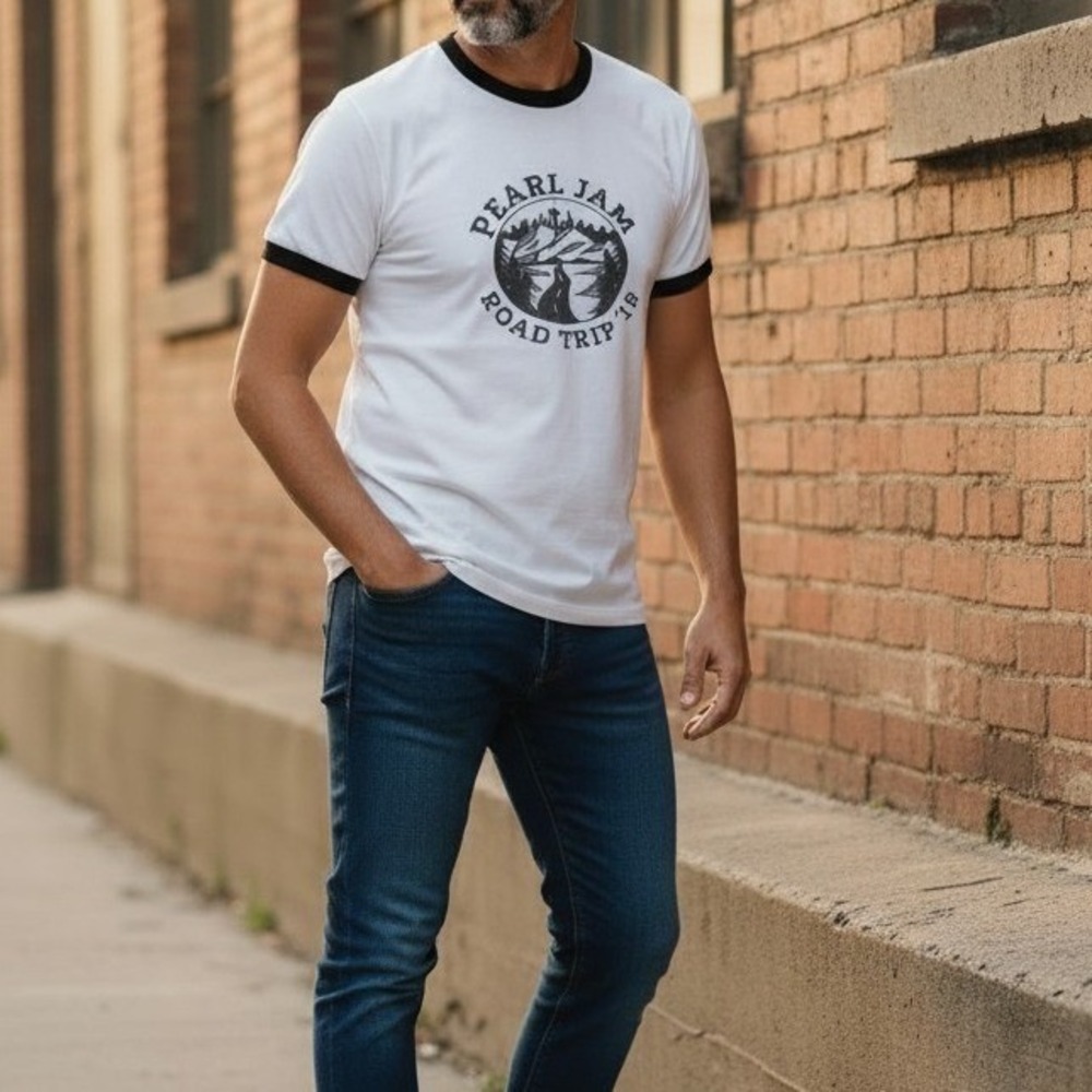 Pearl Jam Mens Road Trip 2018 Concert Tour Ringer T-Shirt White Large